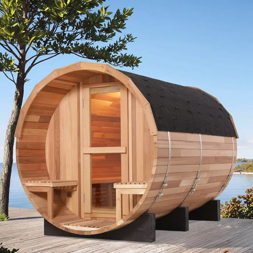 6 Person Outdoor Barrel Sauna with Front Porch