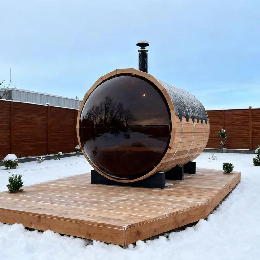 Outdoor Barrel Sauna with Front Porch & Panoramic Glass – Available in 2-6 Person Sizes