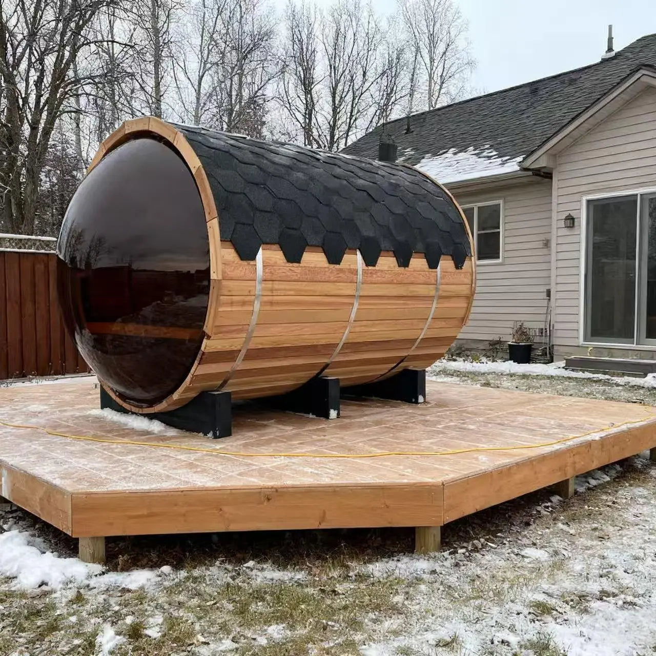 Outdoor Barrel Sauna with Front Porch & Panoramic Glass – Available in 2-6 Person Sizes