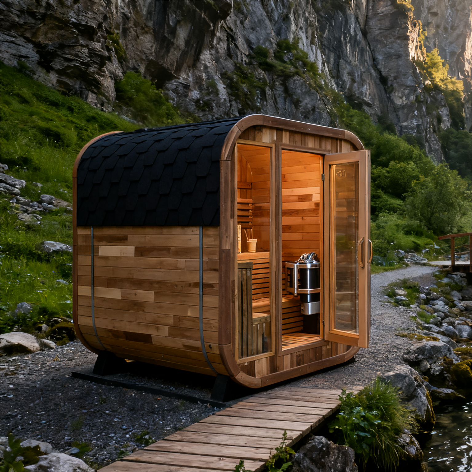 Patchwork Red Cedar Outdoor Square Sauna – Traditional Steam Kit