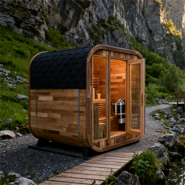 Patchwork Red Cedar Outdoor Square Sauna – Traditional Steam Kit