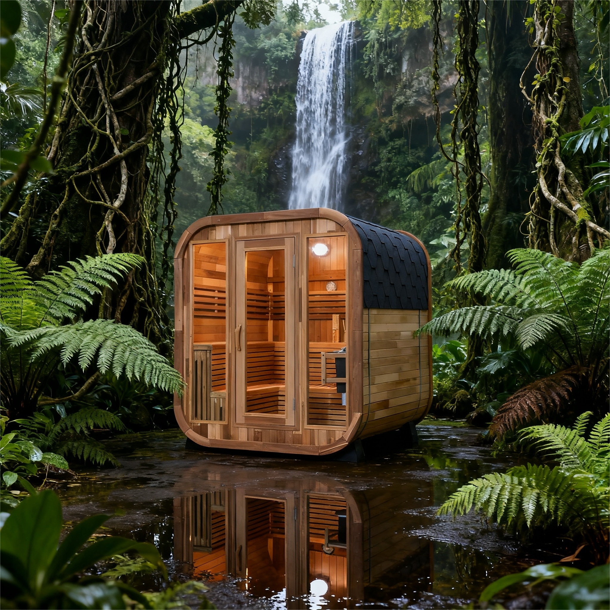 Patchwork Red Cedar Outdoor Square Sauna – Traditional Steam Kit