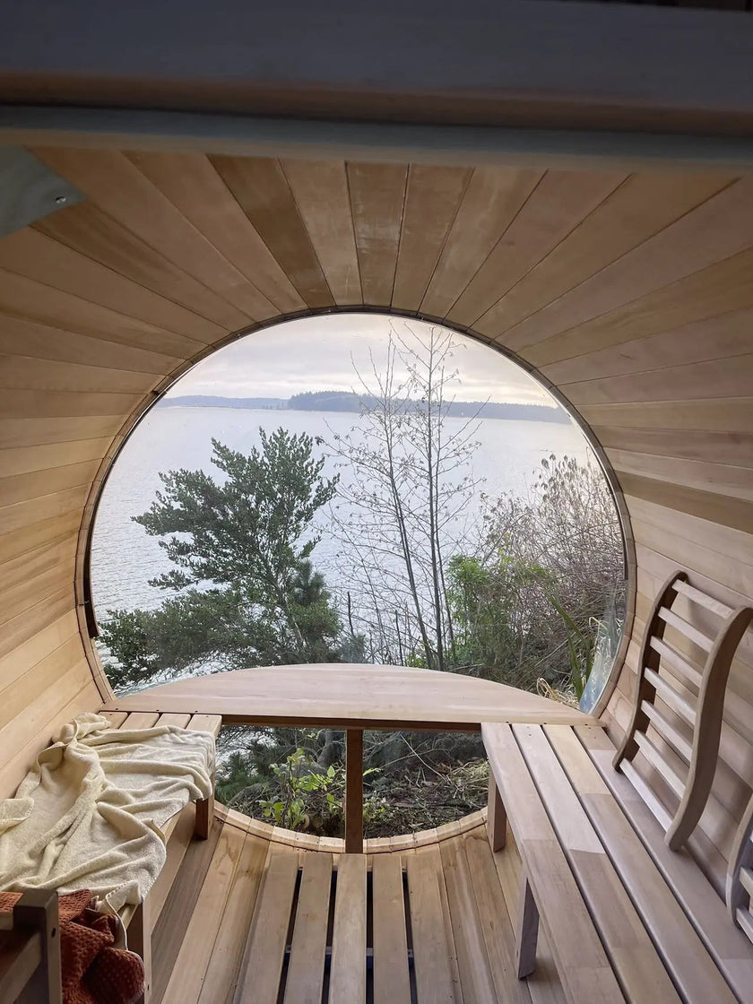 Outdoor Barrel Sauna with Front Porch & Panoramic Glass – Available in 2-6 Person Sizes
