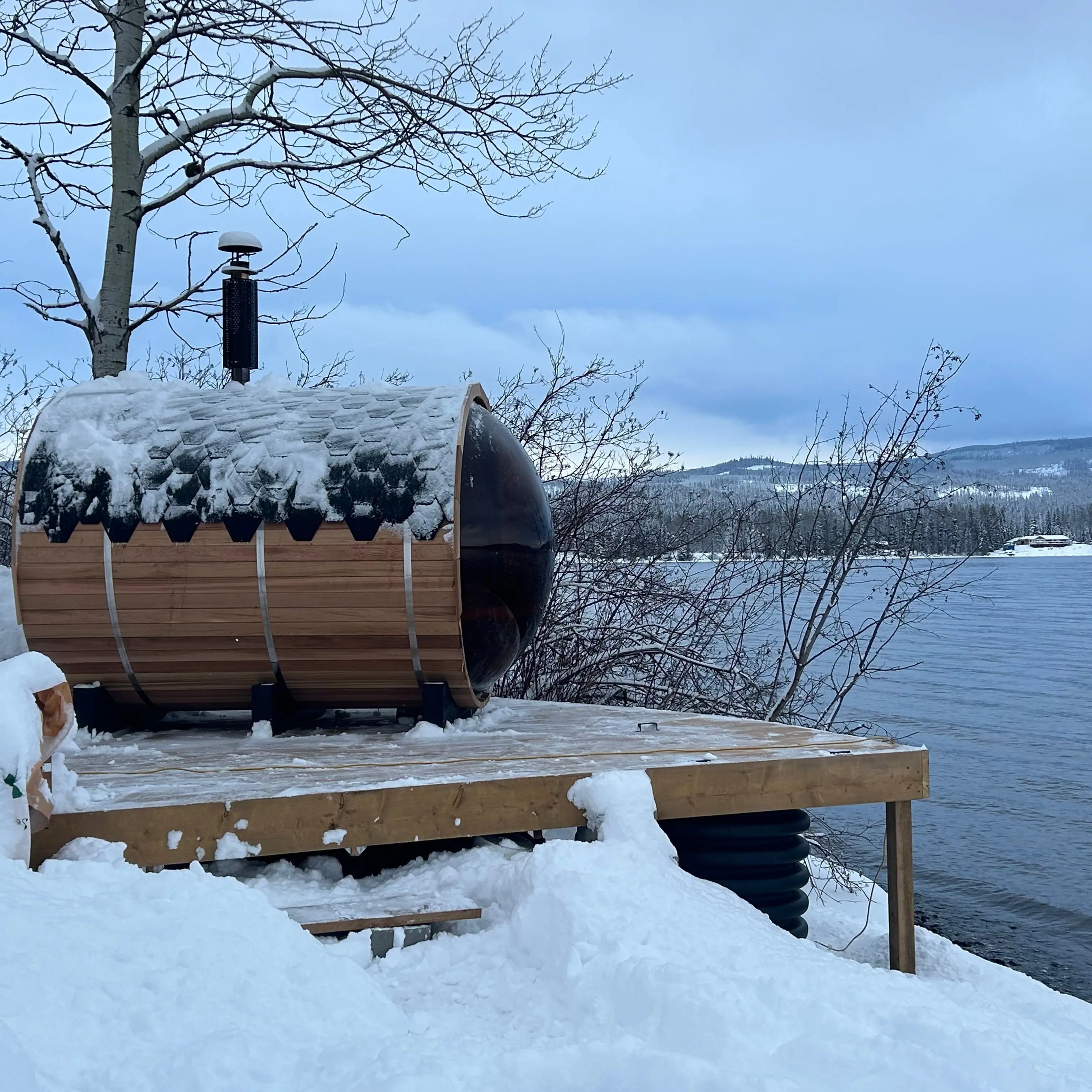 Outdoor Barrel Sauna with Front Porch & Panoramic Glass – Available in 2-6 Person Sizes