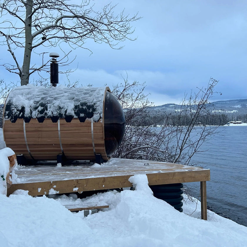 Outdoor Barrel Sauna with Front Porch & Panoramic Glass – Available in 2-6 Person Sizes
