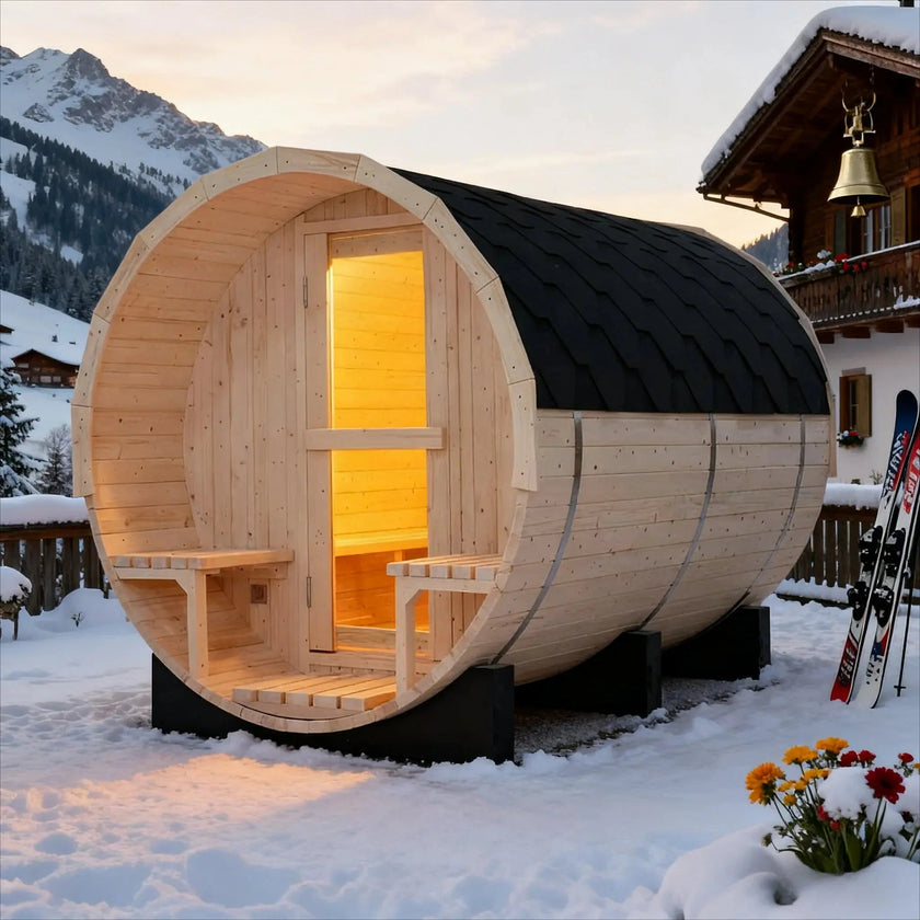 4-6 Person Outdoor Barrel Sauna - Premium White Pine Wood, All-Weather Design for Backyard Relaxation