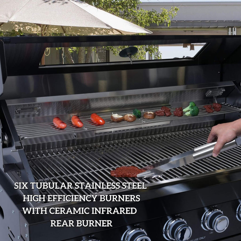 Castelle Flame 43-Inch 6-Burner 85K BTU Stainless Steel Outdoor BBQ Kitchen Island Grill With Wine Cooler, Rotisserie, And Sink (SAK19476)