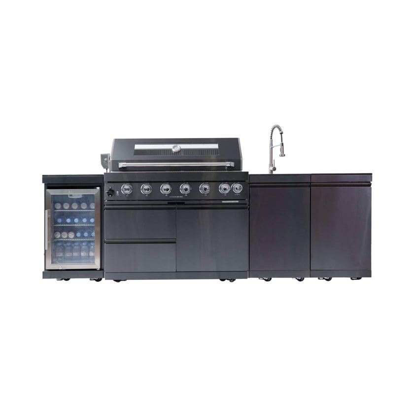 Castelle Flame 43-Inch 6-Burner 85K BTU Stainless Steel Outdoor BBQ Kitchen Island Grill With Wine Cooler, Rotisserie, And Sink (SAK19476)