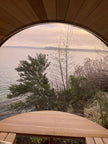 Outdoor Barrel Sauna with Front Porch & Panoramic Glass – Available in 2-6 Person Sizes