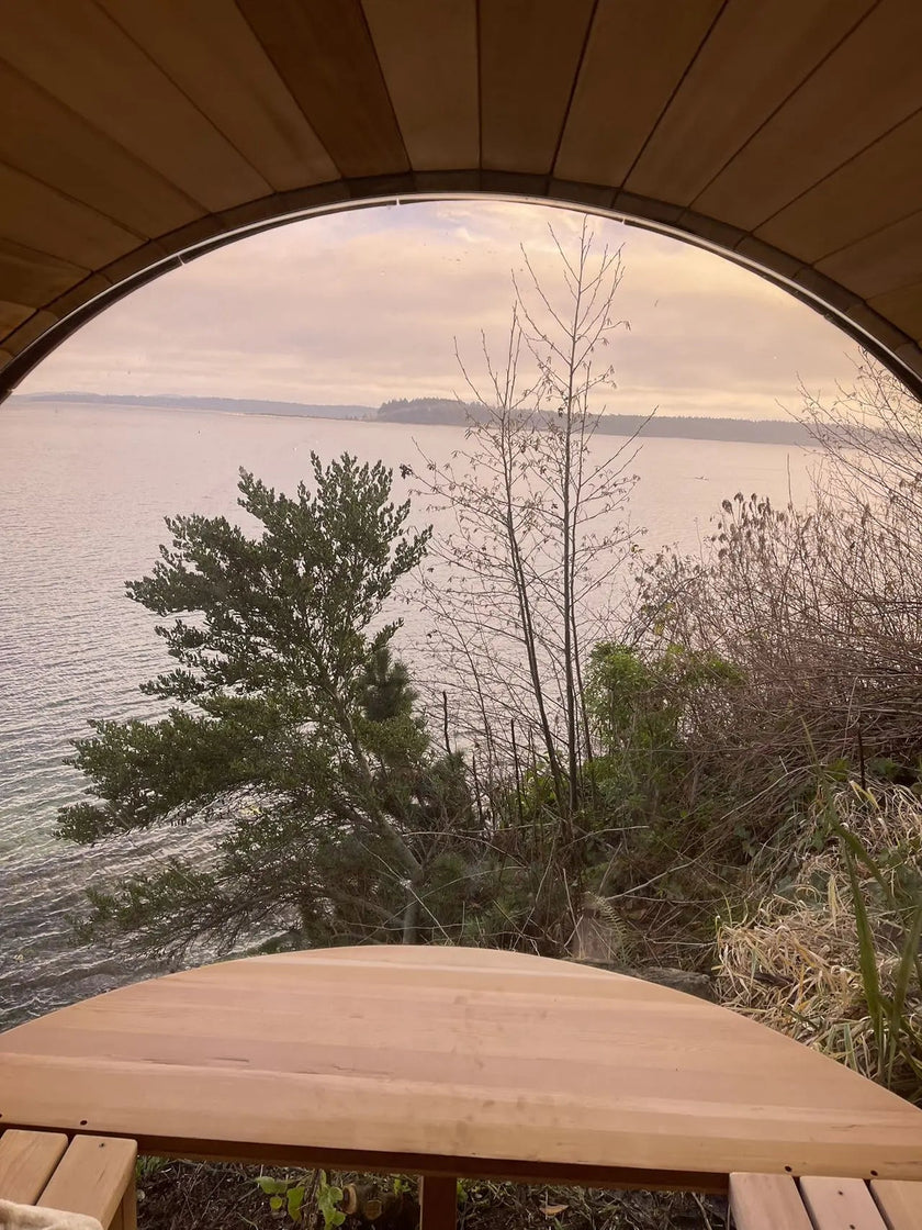 Outdoor Barrel Sauna with Front Porch & Panoramic Glass – Available in 2-6 Person Sizes