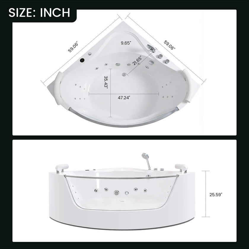 Nuvia Serenity 59-Inch 2-Person Acrylic Corner Whirlpool 16-Jet Hydro Massage Bathtub With Heater Rainbow Light (SAK12058)