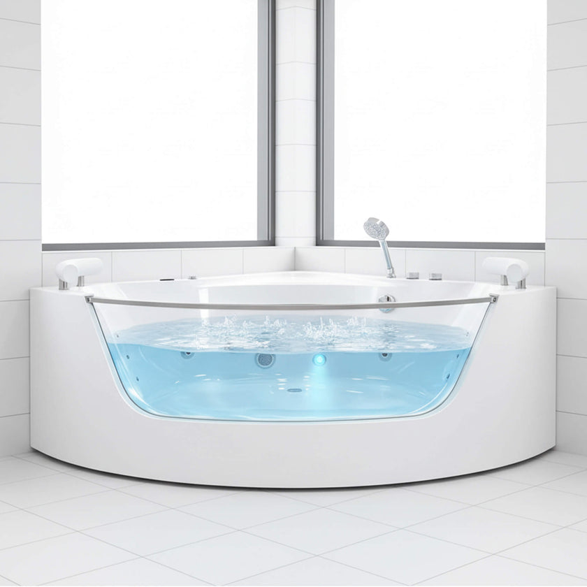 Nuvia Serenity 59-Inch 2-Person Acrylic Corner Whirlpool 16-Jet Hydro Massage Bathtub With Heater Rainbow Light (SAK12058)