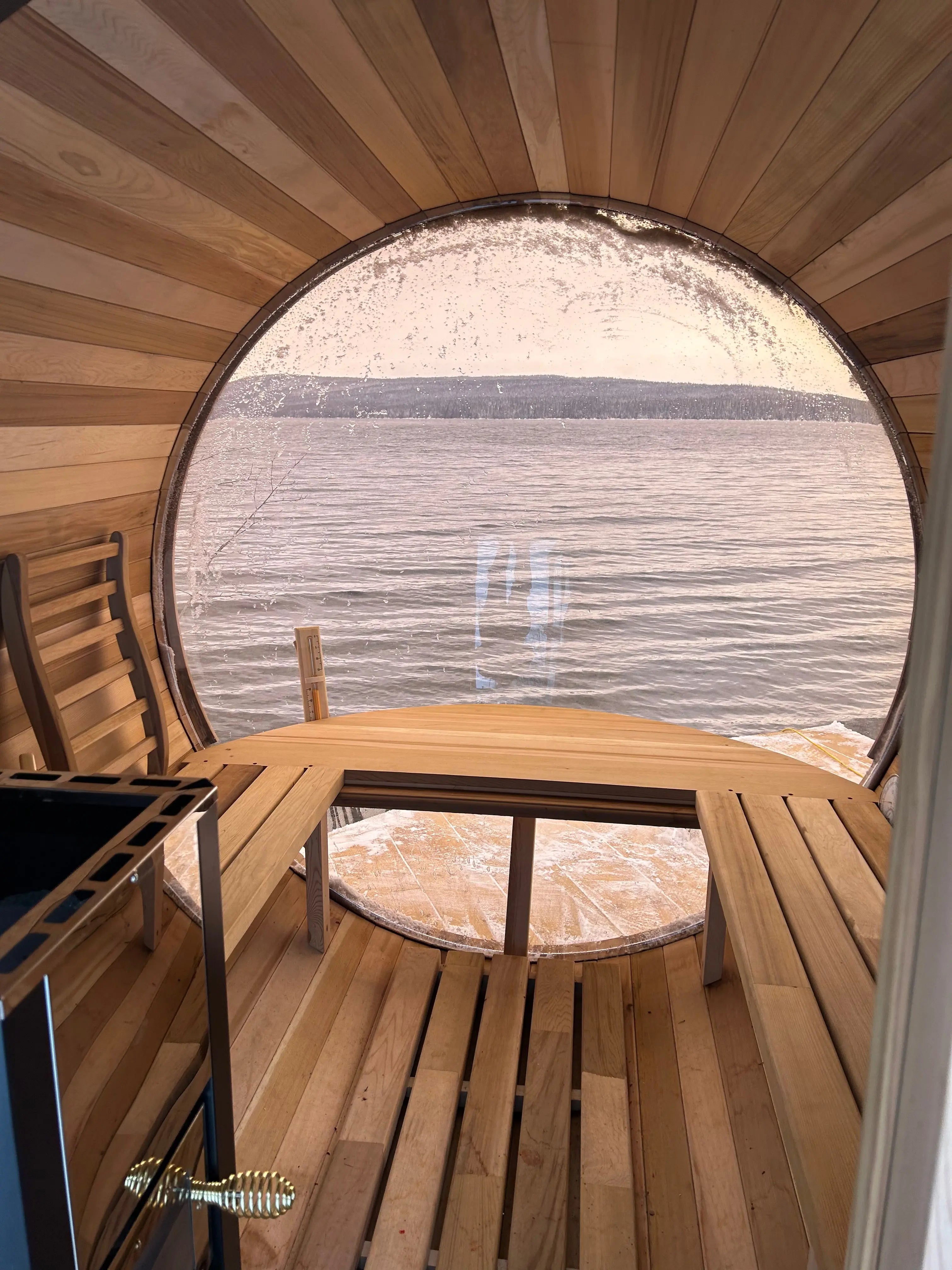 Outdoor Barrel Sauna with Front Porch & Panoramic Glass – Available in 2-6 Person Sizes