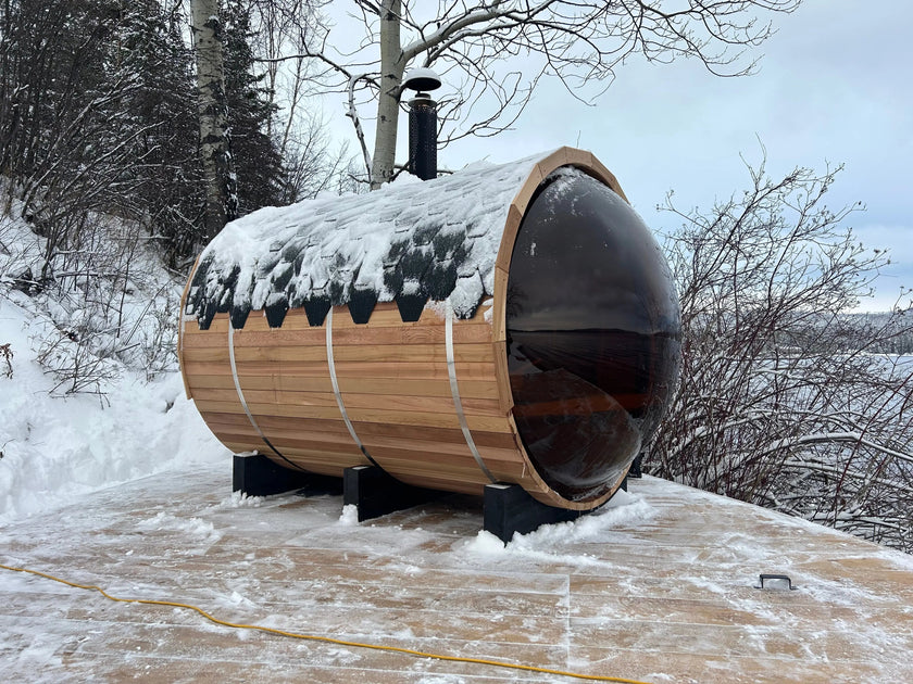 Outdoor Barrel Sauna with Front Porch & Panoramic Glass – Available in 2-6 Person Sizes