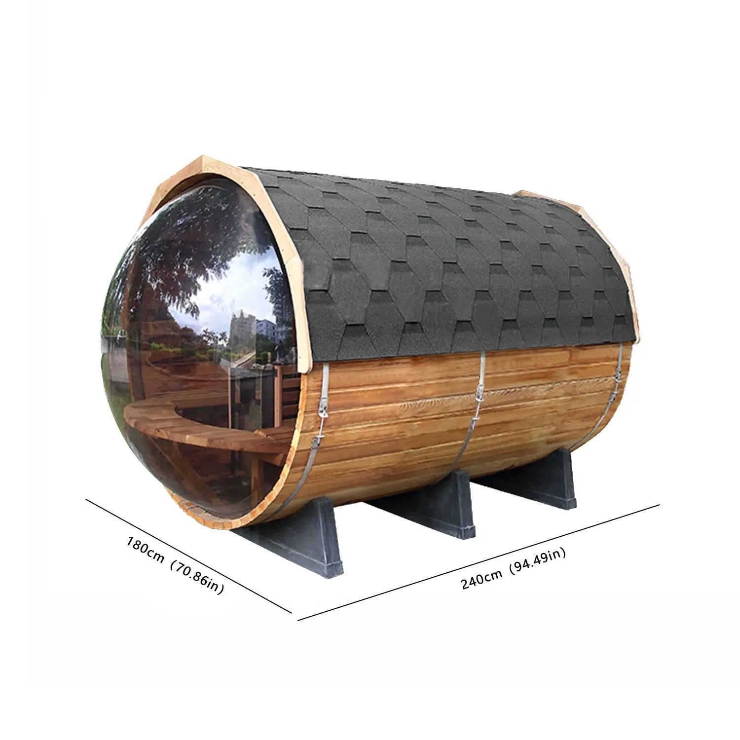 Outdoor Barrel Sauna with Front Porch & Panoramic Glass – Available in 2-6 Person Sizes