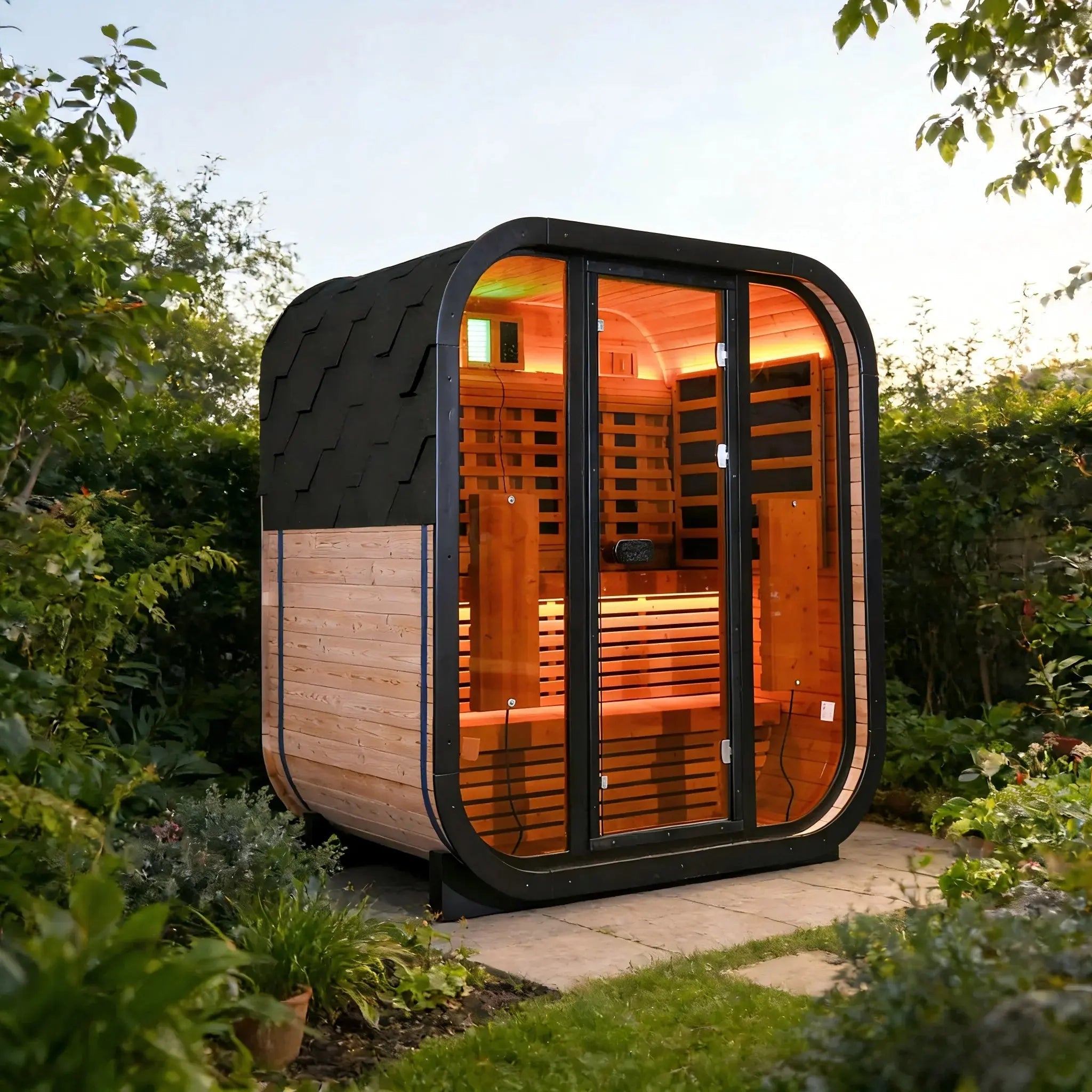 Outdoor Far Infrared Sauna for 4 Persons, Carbonized Spruce Wood Sauna Room with Dark Brown Tinted Glass, LED Chromotherapy Lights & Weather-Resistant Roof for Backyard/Patio Relaxation