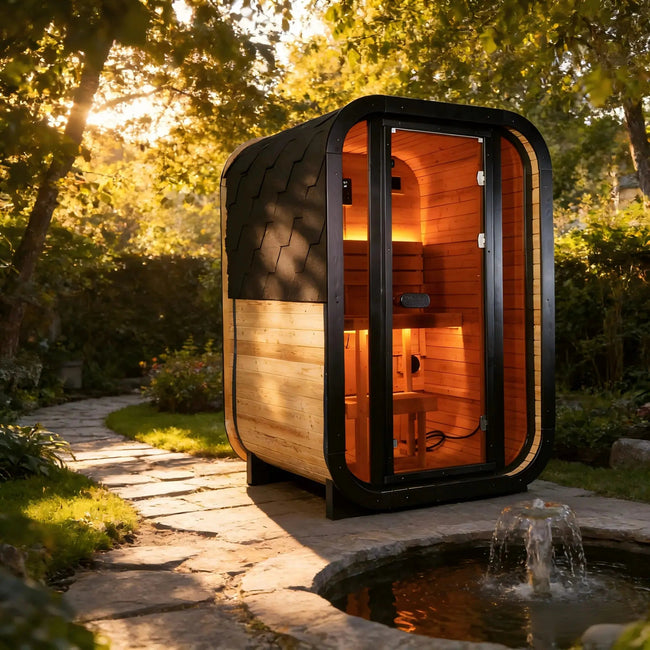 Outdoor Traditional Steam Sauna - Carbonized Spruce Wood, Tinted Glass, 6KW Heater