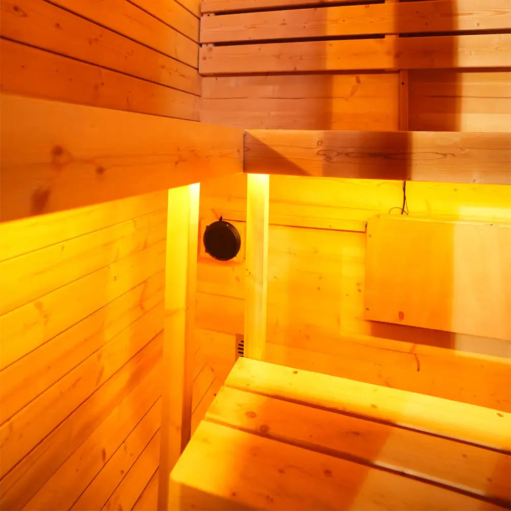 Outdoor Traditional Steam Sauna - Carbonized Spruce Wood, Tinted Glass, 6KW Heater