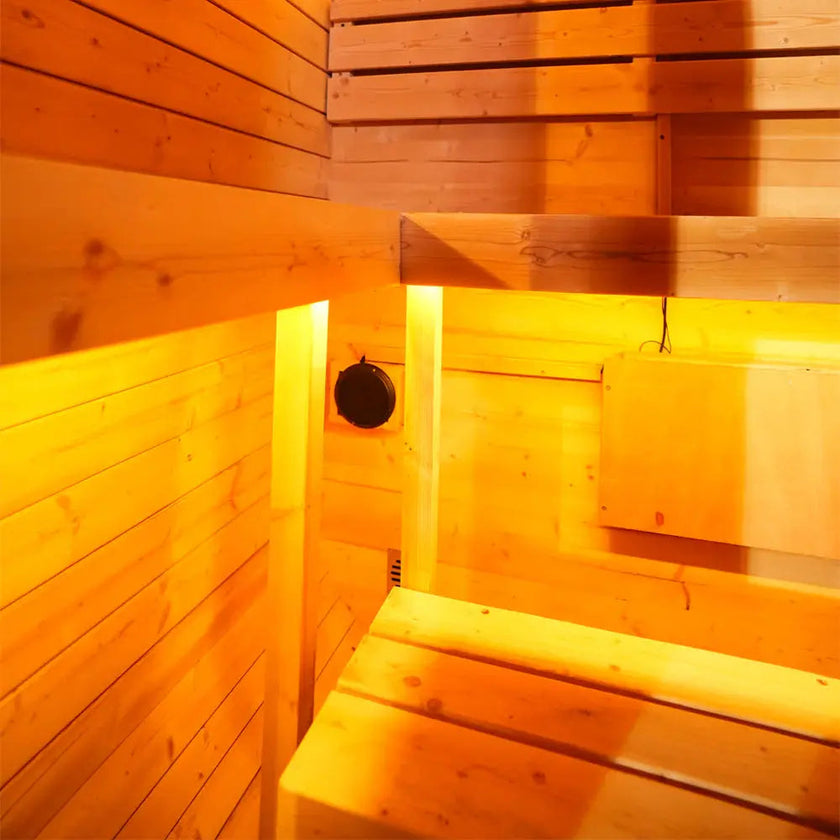 Outdoor Traditional Steam Sauna - Carbonized Spruce Wood, Tinted Glass, 6KW Heater