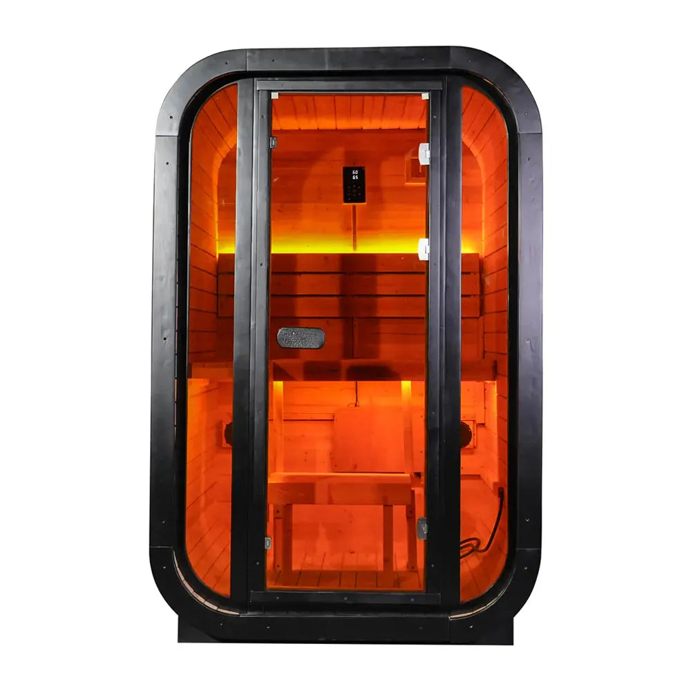 Outdoor Traditional Steam Sauna - Carbonized Spruce Wood, Tinted Glass, 6KW Heater