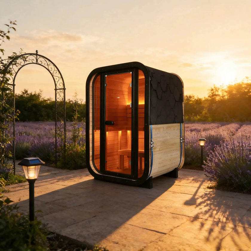 Outdoor Traditional Steam Sauna - Carbonized Spruce Wood, Tinted Glass, 6KW Heater