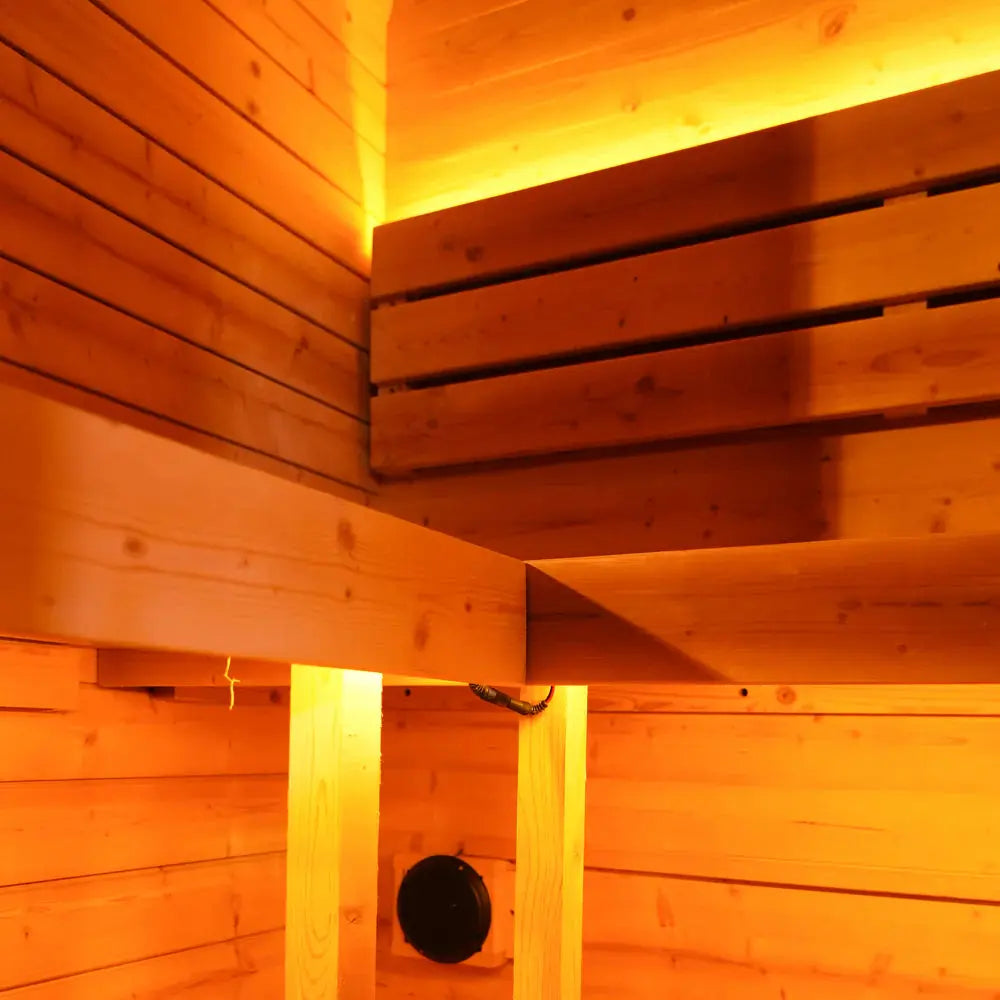 Traditional Outdoor Steam Sauna for 4 People – Carbonized Spruce Wood, 6KW Heater, Tinted Glass Panels, Weather-Resistant Backyard Spa with LED Lighting