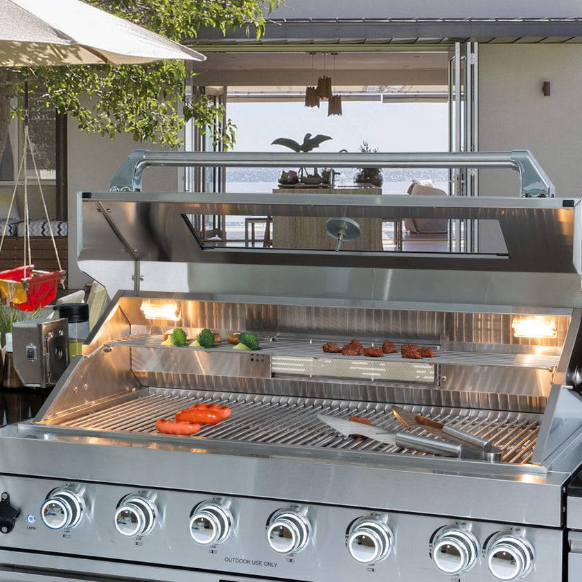 Castelle Flame Granite Outdoor BBQ Kitchen Island With 43-Inch 6-Burner Gas Grill, Rotisserie Kit, Cabinets, And Sink (SAK73518)