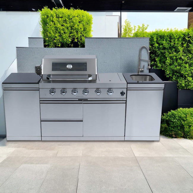 Castelle Flame Stainless Steel Outdoor BBQ Kitchen Island With 46-Inch 4-Burner 85K BTU Grill, Rotisserie Kit, And Cabinets (SAK93192)