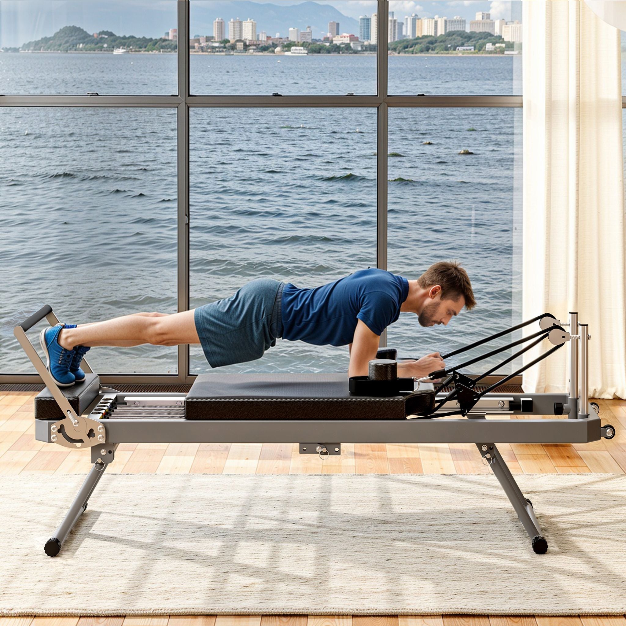 Extra Large Multi-Functional Pilates Reformer Machine With Dynamic Resistance Cords And Aerobic Rebounder, Black (SAK32879)