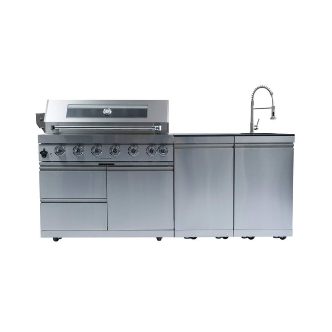 Castelle Flame Outdoor BBQ Kitchen Island With 43-Inch 6-Burner 85K BTU Propane Gas Grill, Rotisserie Kit, And Storage Cabinets (SAK95623)